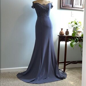 David’s Bridal Off-the-Shoulder Lace and Crepe Bridesmaid Dress Pewter Grey